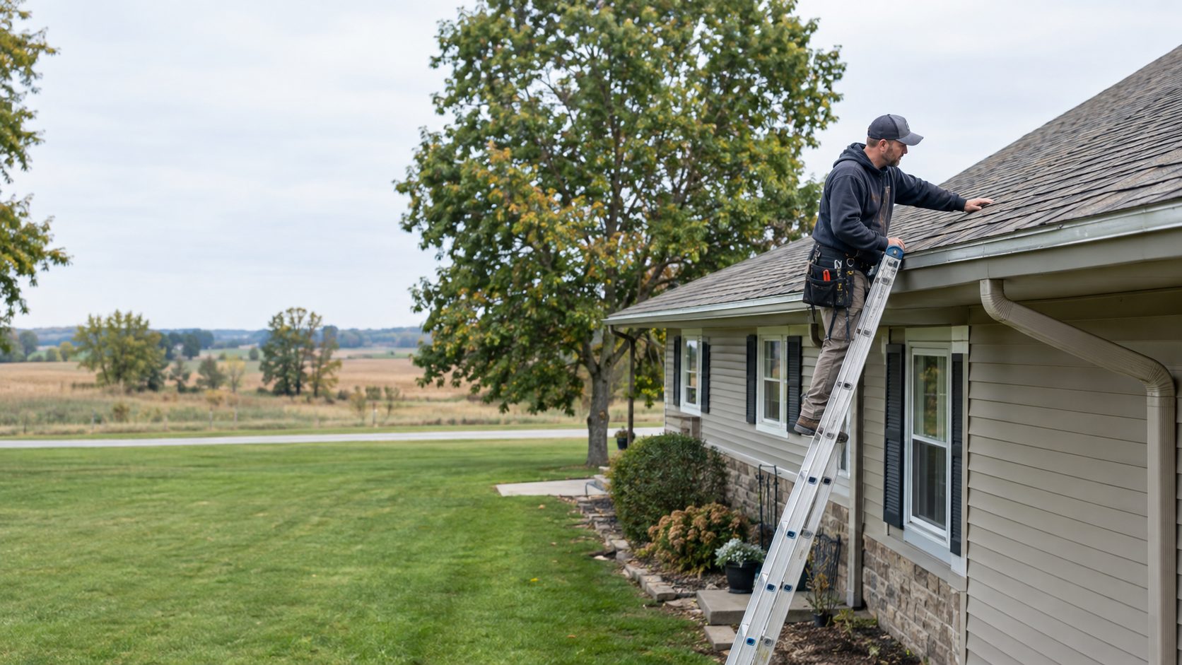 A roofing contractor inspects shingle edges from a ladder beside a modest Elk Run Heights ranch home on a clear day in Elk Run Heights, IA