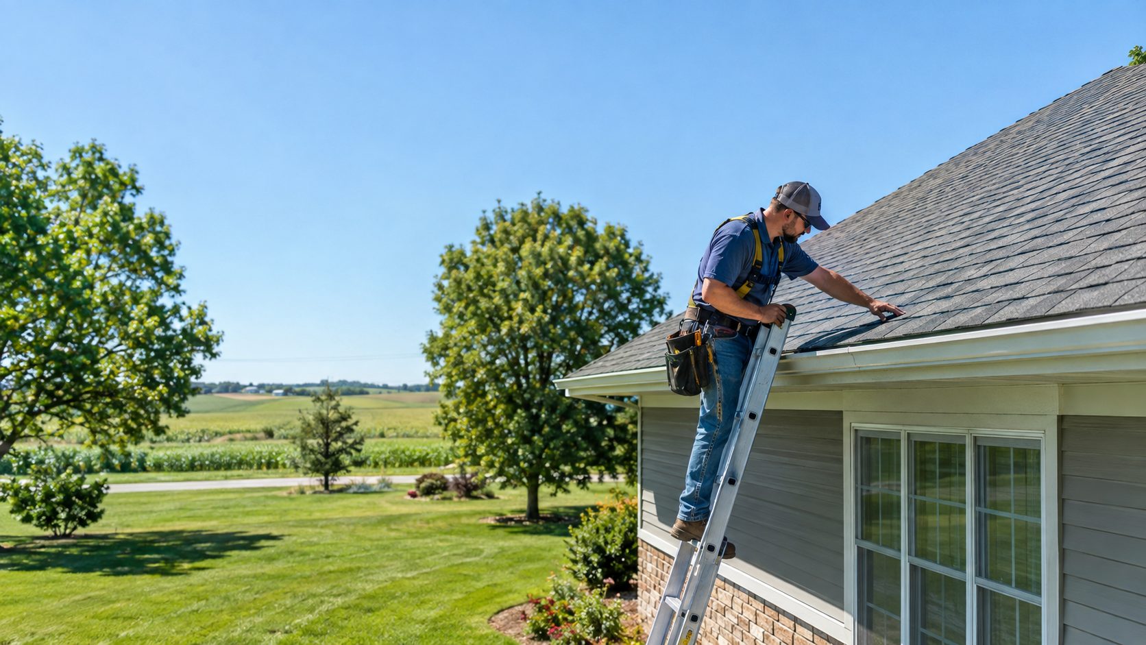 A roofing contractor checks shingle edges from a ladder beside an established Evansdale home on a clear, dry day in Evansdale, IA