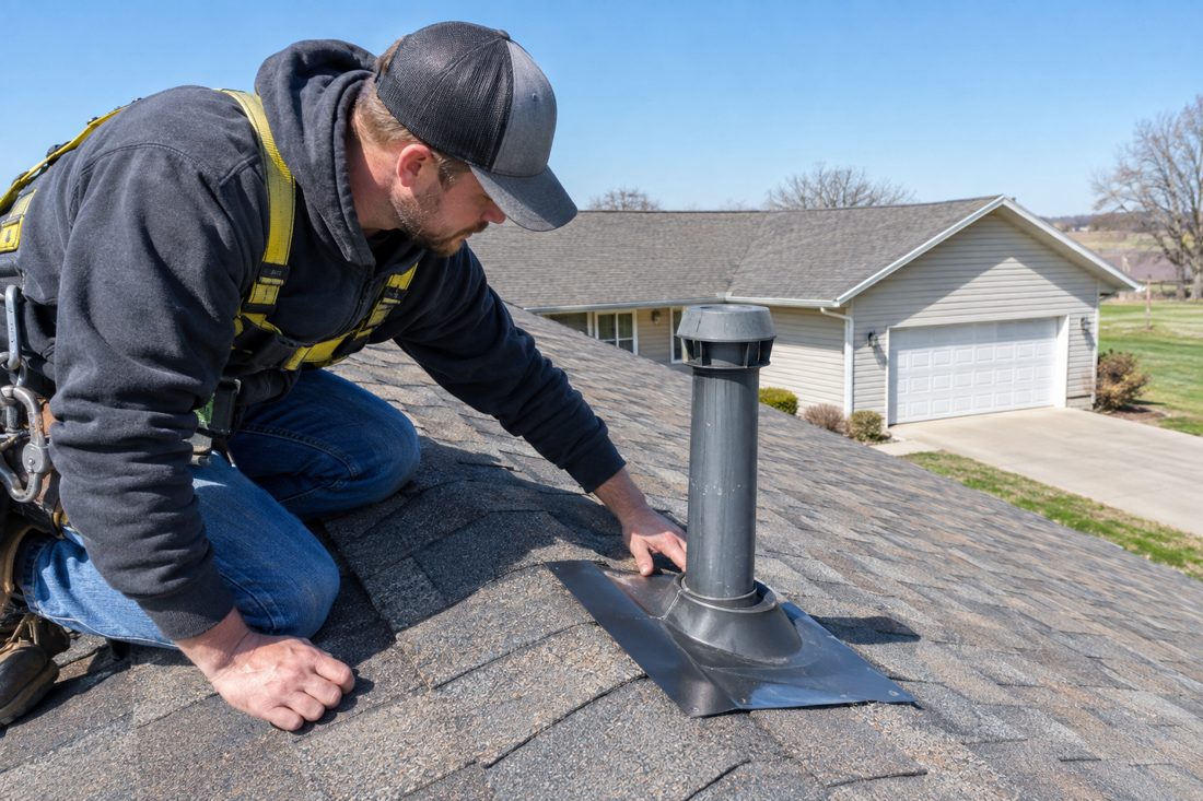 Close view of a roofer checking flashing beside a vent on the shingled roof of a Hudson ranch home in Hudson, IA