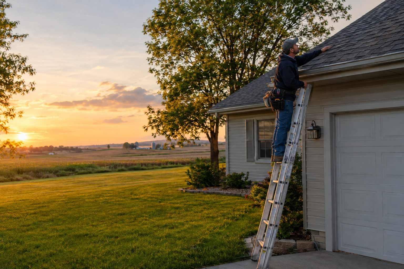 A roofing contractor inspects shingle edges from a ladder beside a modest Iowa ranch after a windy spring storm in Hudson, IA