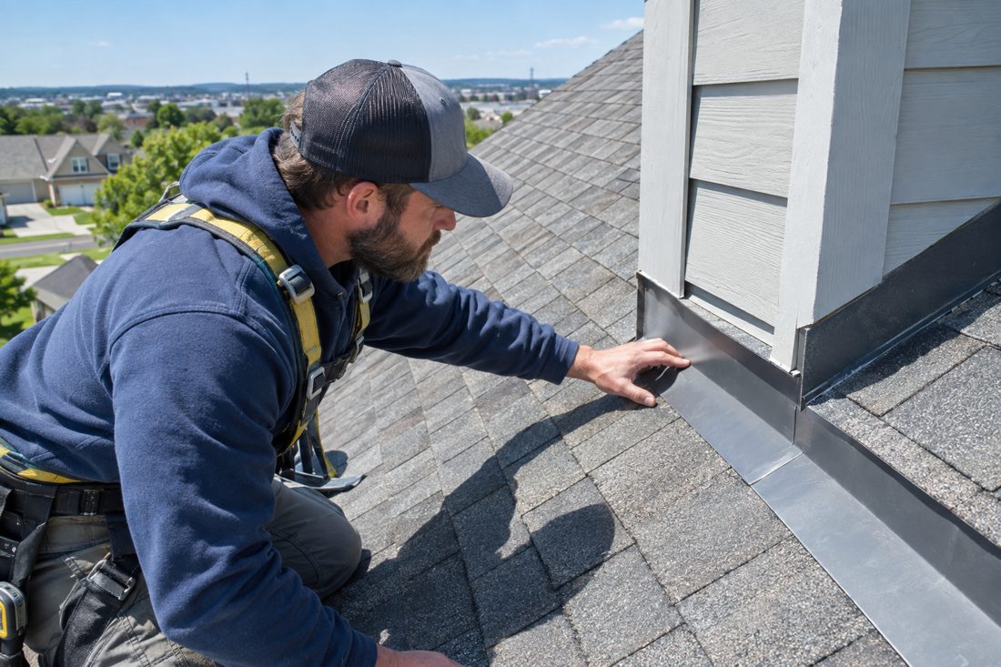 Close view of a contractor checking roof flashing beside asphalt shingles on a typical Prospect Hills home in Prospect Hills, IA