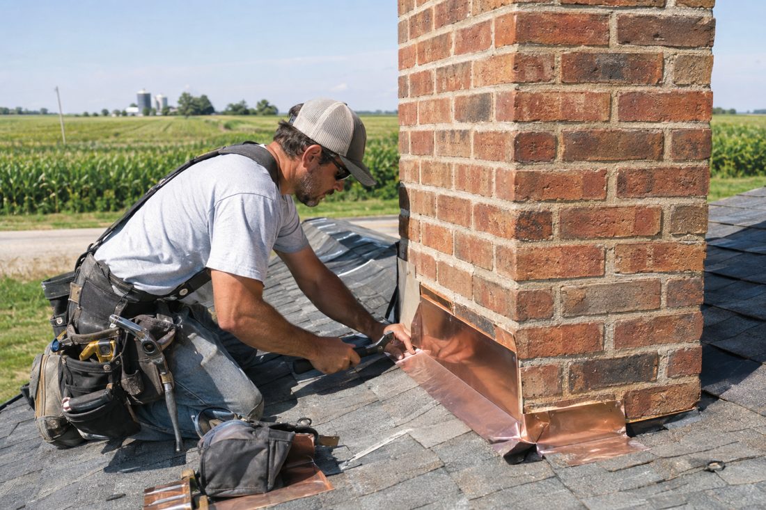 A chimney counter-flashing repair in progress at a rural Iowa ranch home with cornfields behind it in Center Point, IA