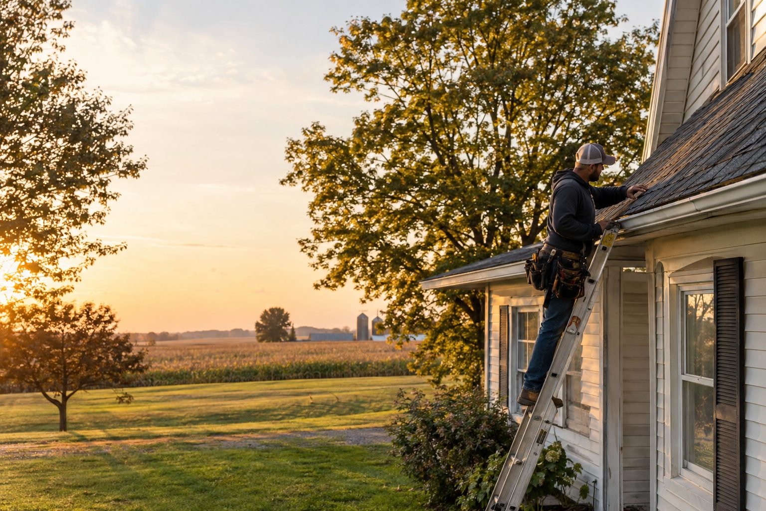 A roofing contractor inspects shingle edges from a ladder beside a modest farmhouse on an open Alburnett property in Alburnett, IA