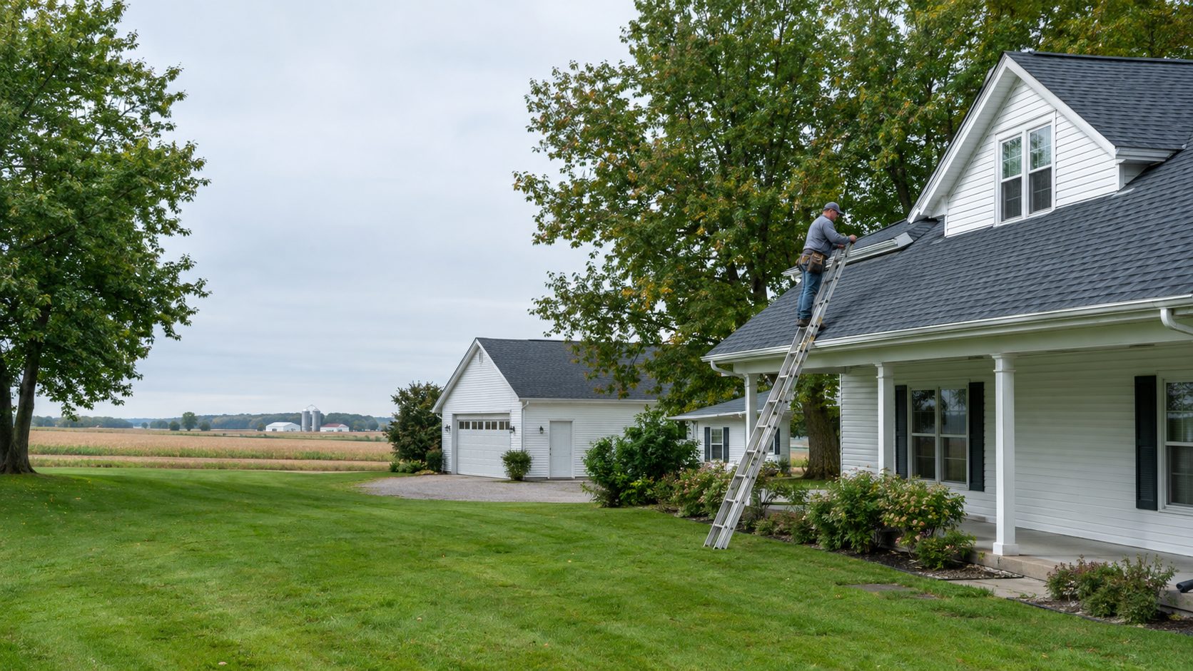 A roofing worker checks shingles from a ladder beside a rural Toddville farmhouse, with open yard and detached garage visible in Toddville, IA