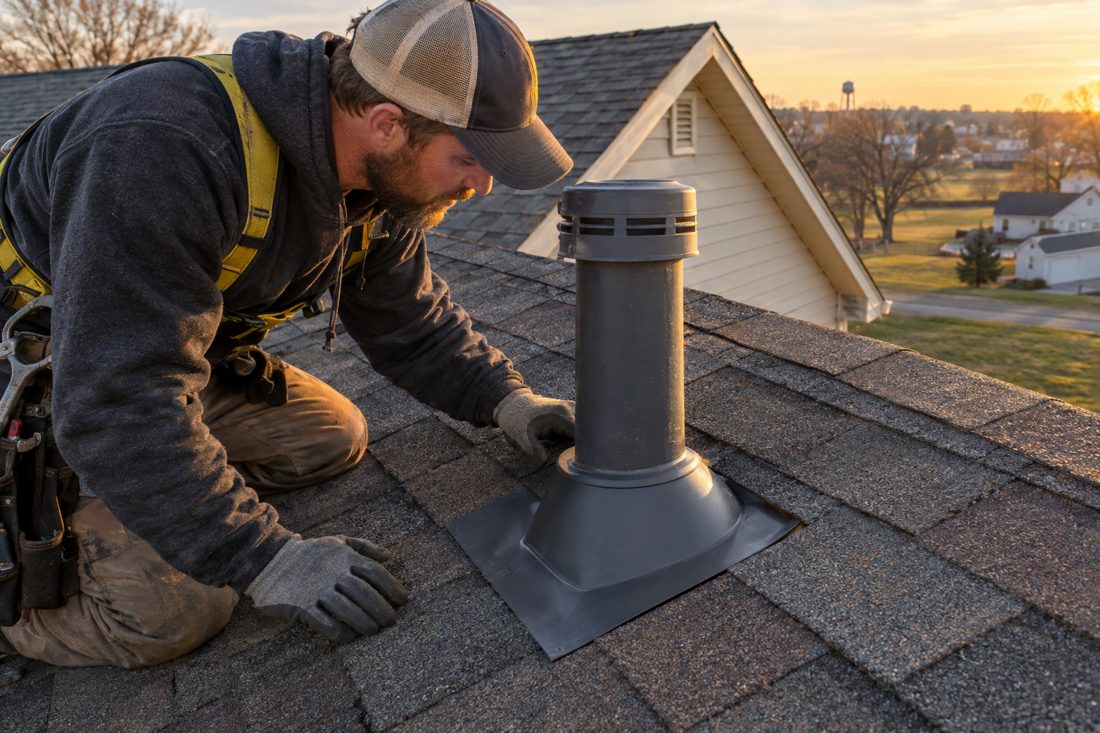 Close view of a roofer checking flashing around a vent on an asphalt-shingled ranch home in Urbana, IA