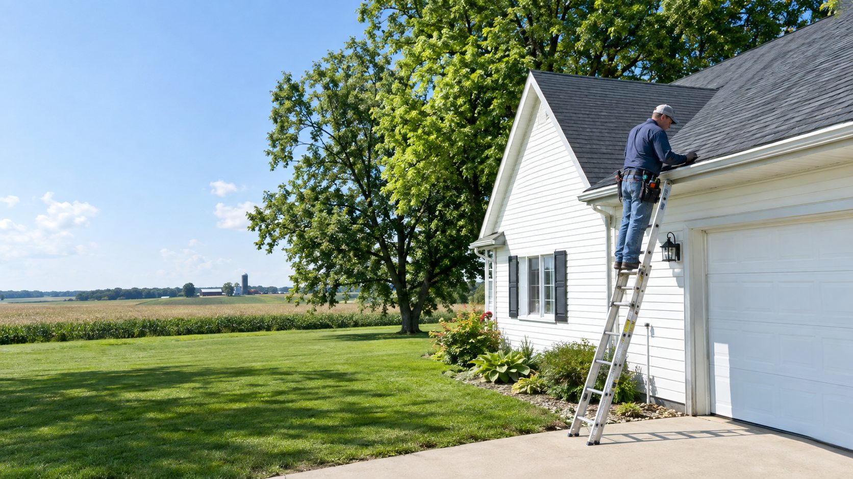 A roofing contractor inspects shingles from a ladder beside a rural Iowa farmhouse, checking the roof edge after a windstorm in Walker, IA