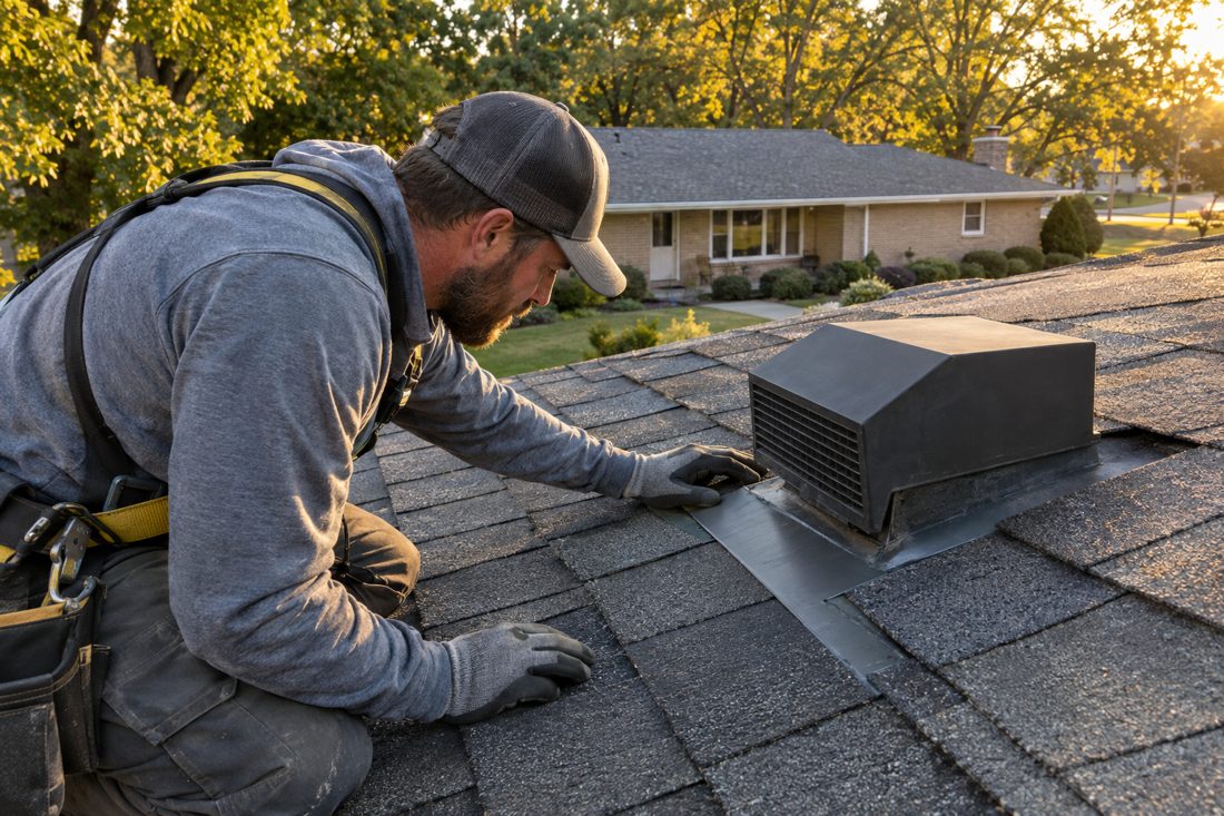 Close view of a roofer checking flashing beside a roof vent on an asphalt-shingled ranch in Hiawatha in Cedar Rapids, IA