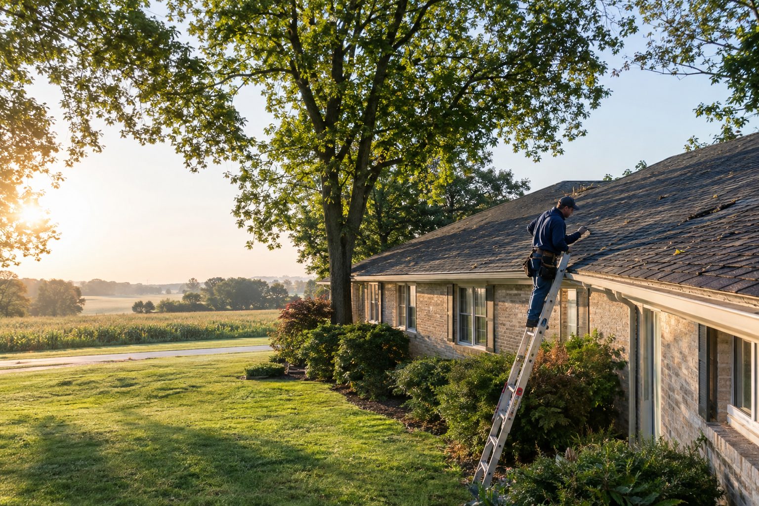A roofing contractor inspects shingles from a ladder beside a one-story Hiawatha ranch after a windy summer storm in Cedar Rapids, IA