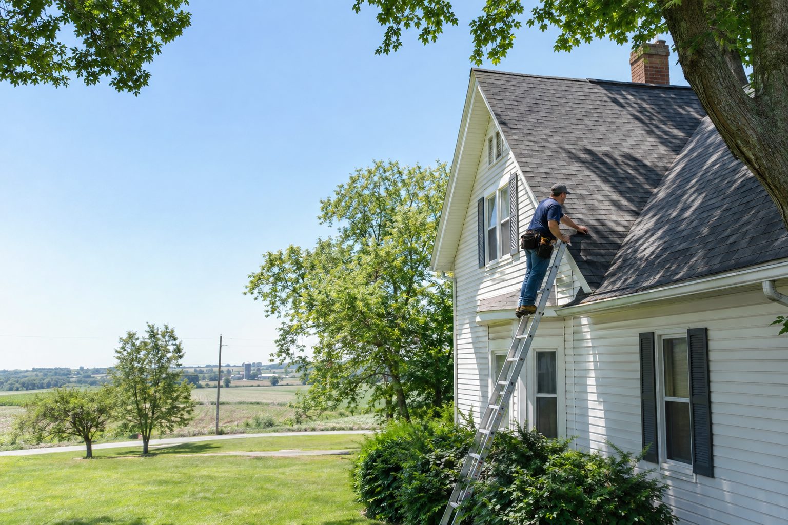 A roofing worker inspects shingles from a ladder beside an older two-story Marion home, with mature trees along the yard in Marion, IA