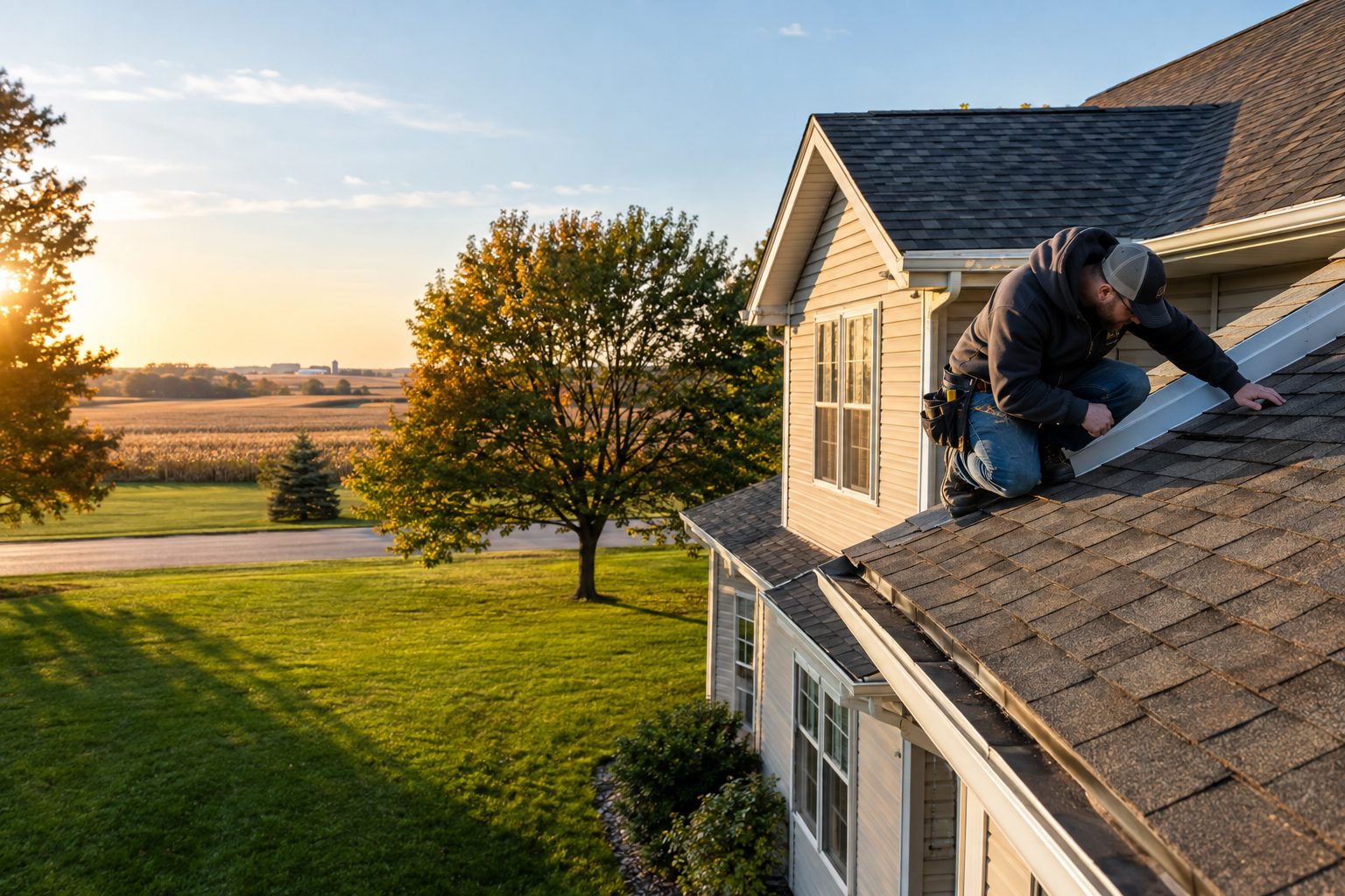 A roofing contractor inspects shingles and flashing outdoors beside a two-story suburban home in Robins on a clear Iowa day in Robins, IA