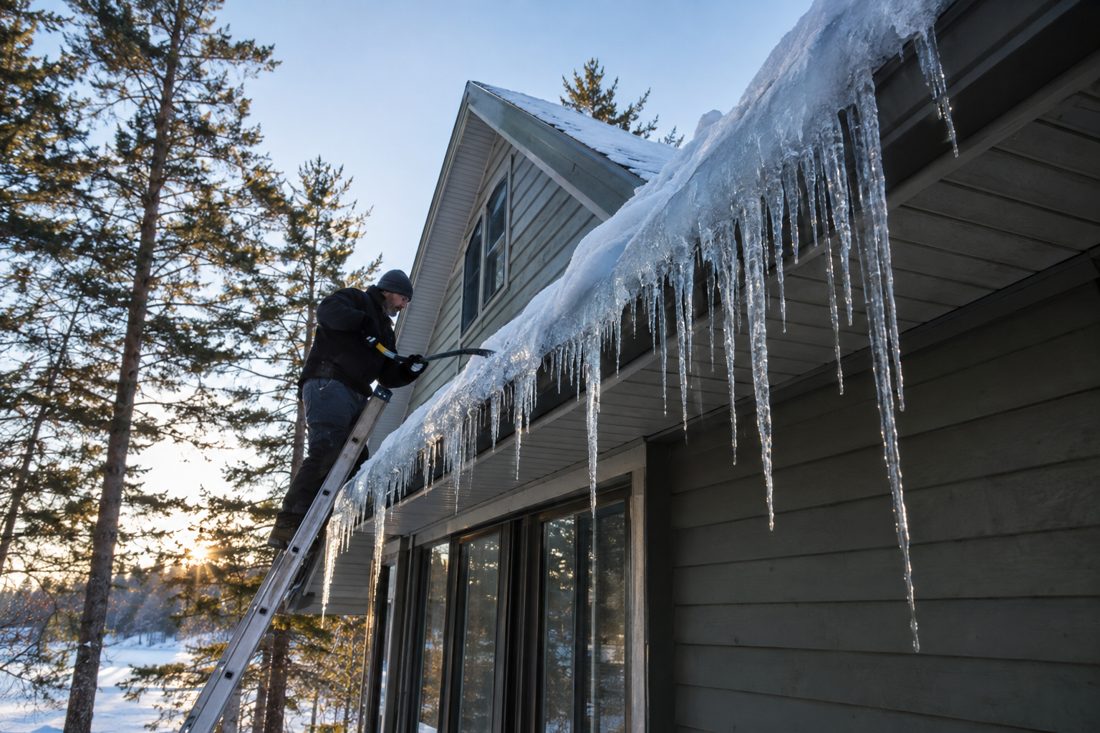 Ice dams and icicles along a roof edge in winter at a central Minnesota home with a steep roof and tall pines in Little Falls, MN