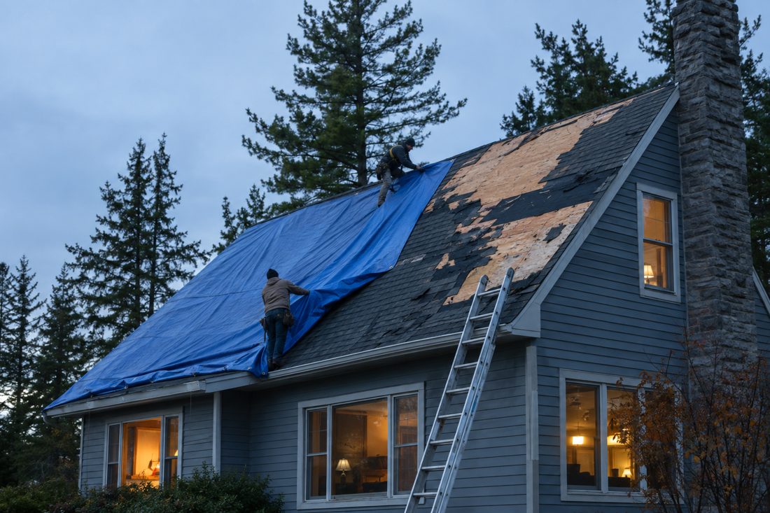 A wind-damaged roof with missing shingles after a storm, tarp being installed at a central Minnesota home with a steep roof and tall pines in Little Falls, MN