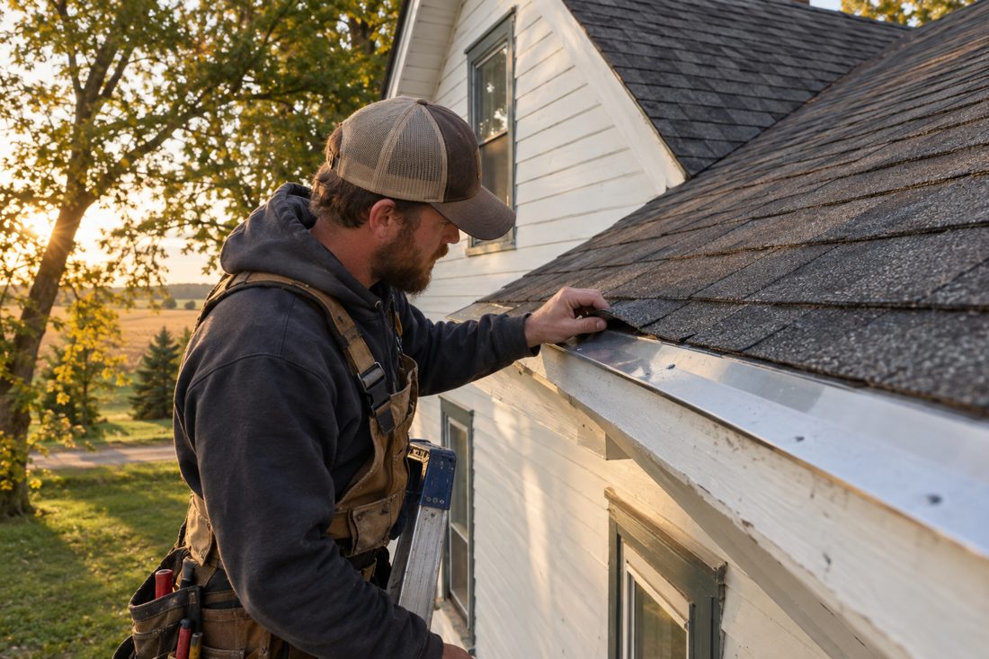 Close view of a roofer examining shingle edges and metal flashing near an eave on a Randall farmhouse in Randall, MN