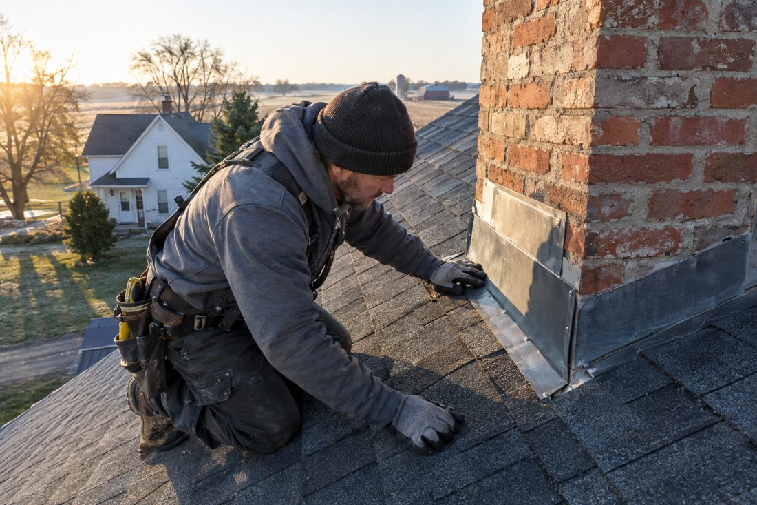 Close view of a roofer checking flashing beside a chimney on an older farmhouse roof in Rice in Rice, MN