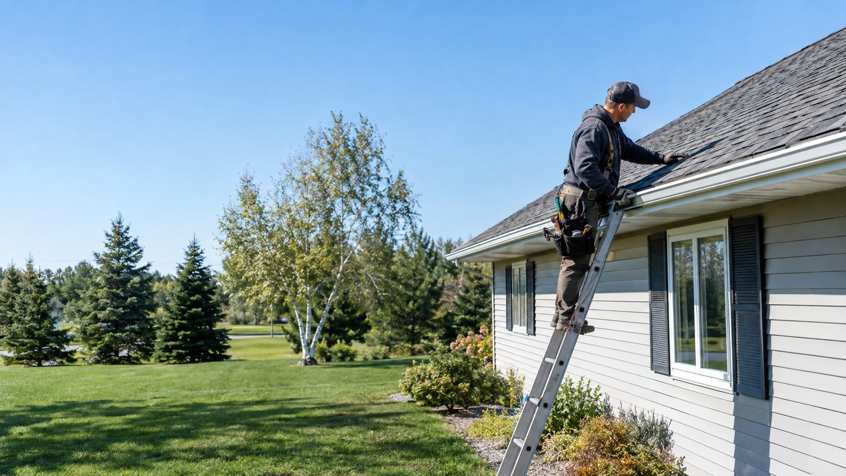 A roofing contractor inspects shingle edges from a ladder beside a modest Royalton ranch home on a clear day in Royalton, MN