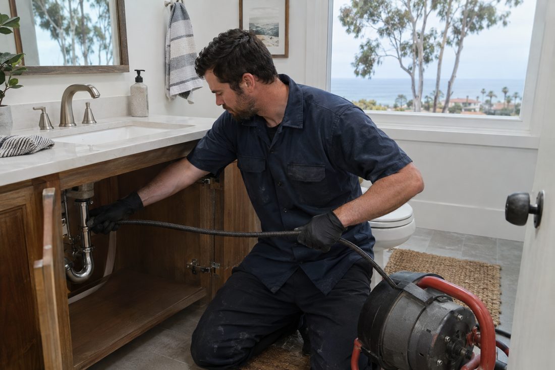 A plumber snaking a clogged bathroom sink drain at a coastal Encinitas home with eucalyptus trees in Encinitas, CA