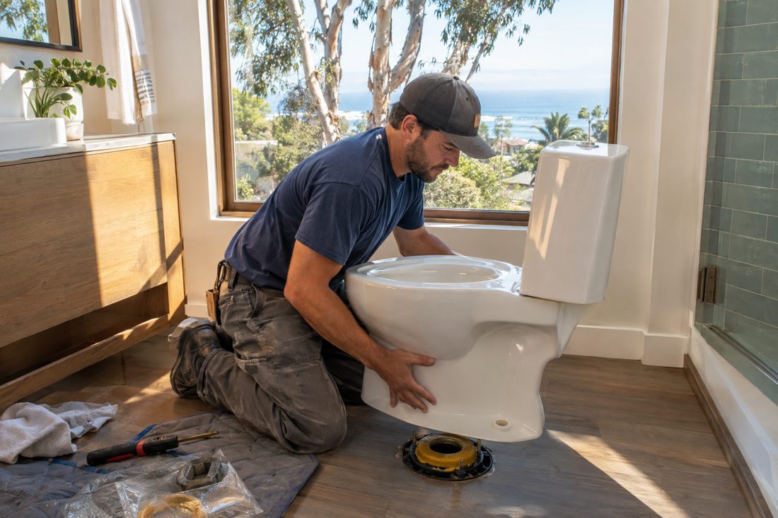 A plumber installing a new toilet with a wax ring at a coastal Encinitas home with eucalyptus trees in Encinitas, CA