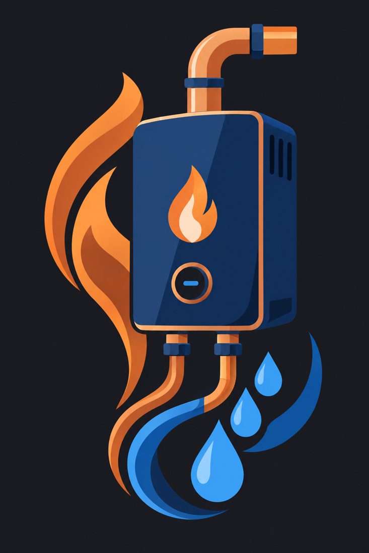 Illustration of a tankless water heater with flame and drops for a Encinitas, CA home