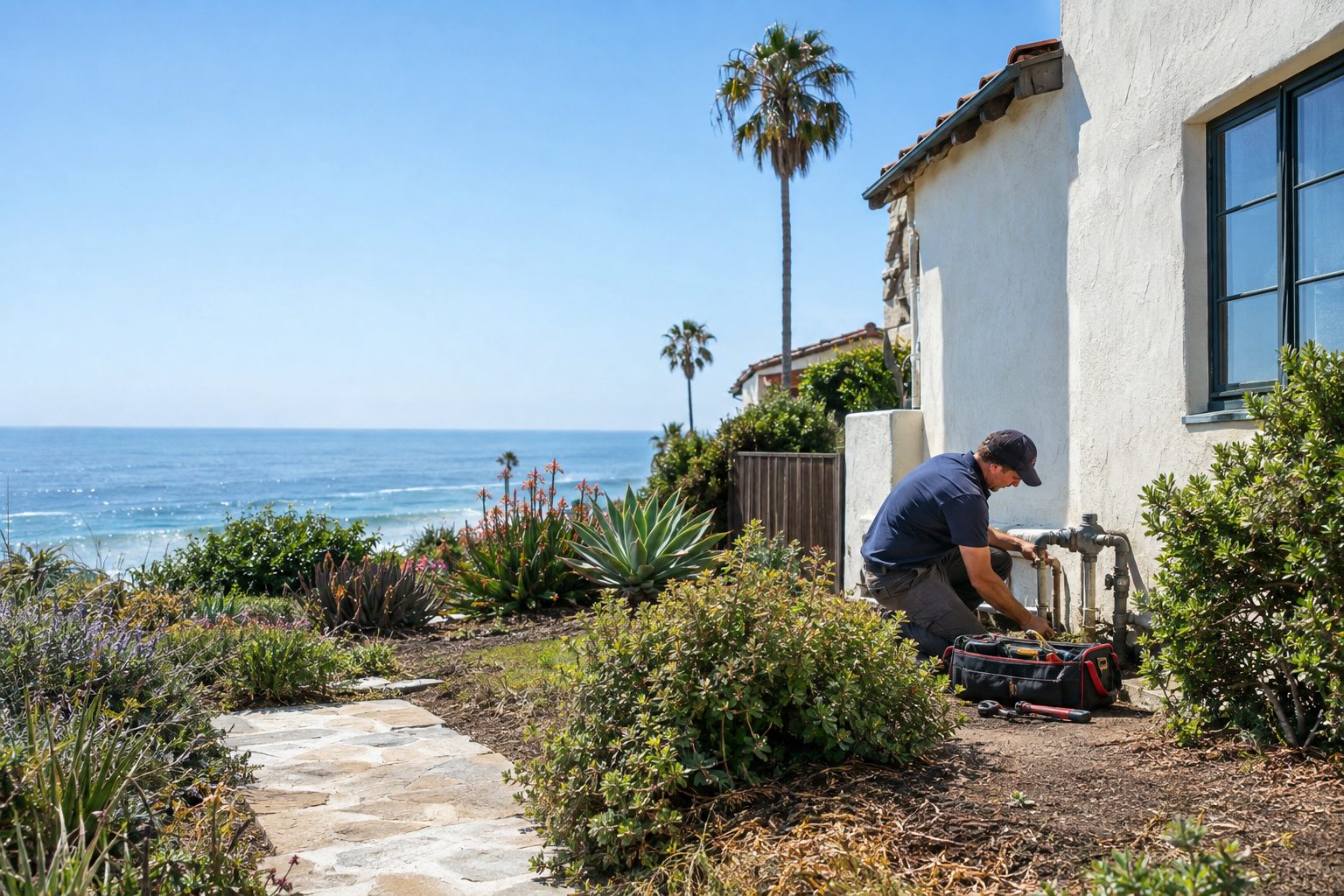 A plumber checks an outdoor water line beside an older stucco cottage in Old Encinitas, with tools arranged neatly nearby in Old Encinitas, CA