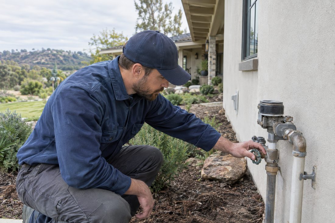 Close view of a plumber inspecting a water shutoff and pipe connection beside the home’s exterior wall in Olivenhain, CA