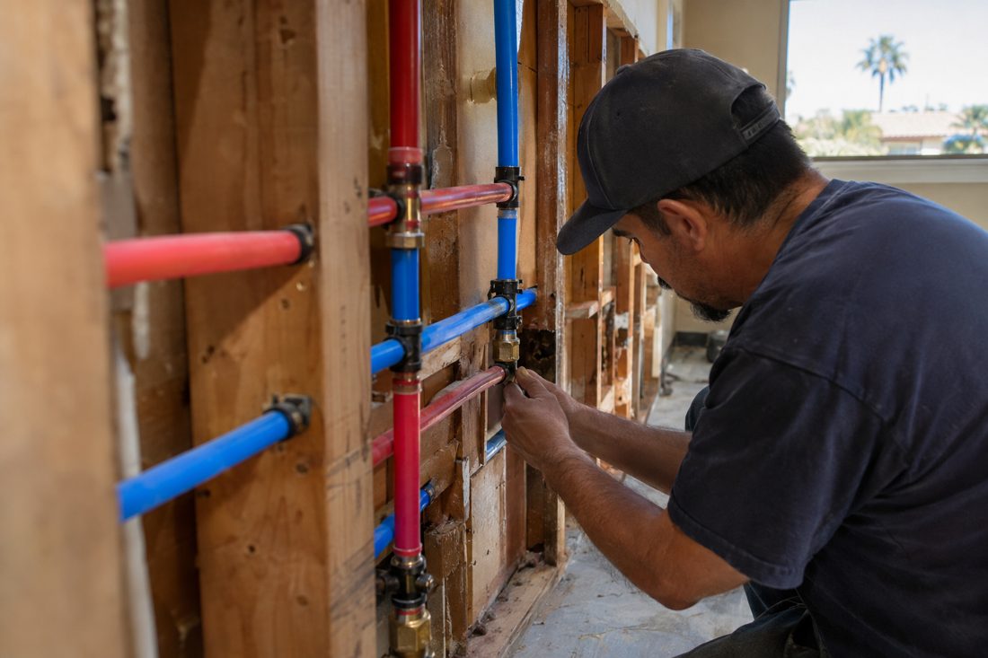 PEX repiping lines run through open wall studs at a 1980s Oceanside tract home in Oceanside, CA