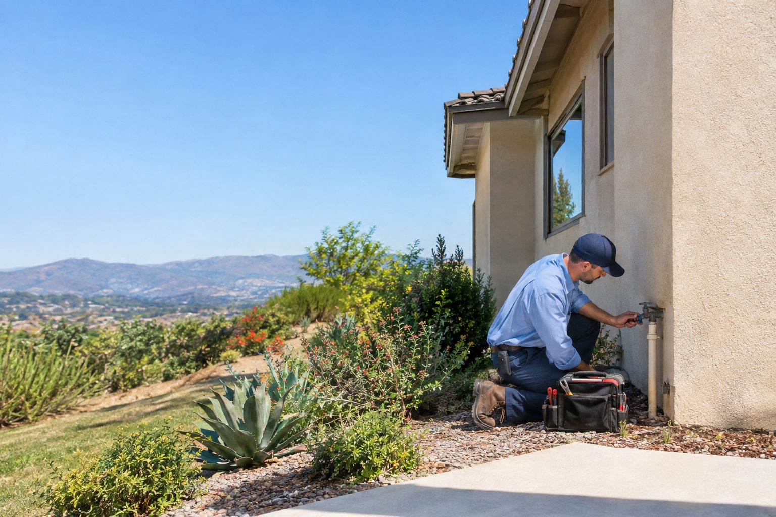 A licensed plumber checks an exterior hose bib at a stucco ranch home on a gently sloped Fire Mountain lot in Fire Mountain, CA