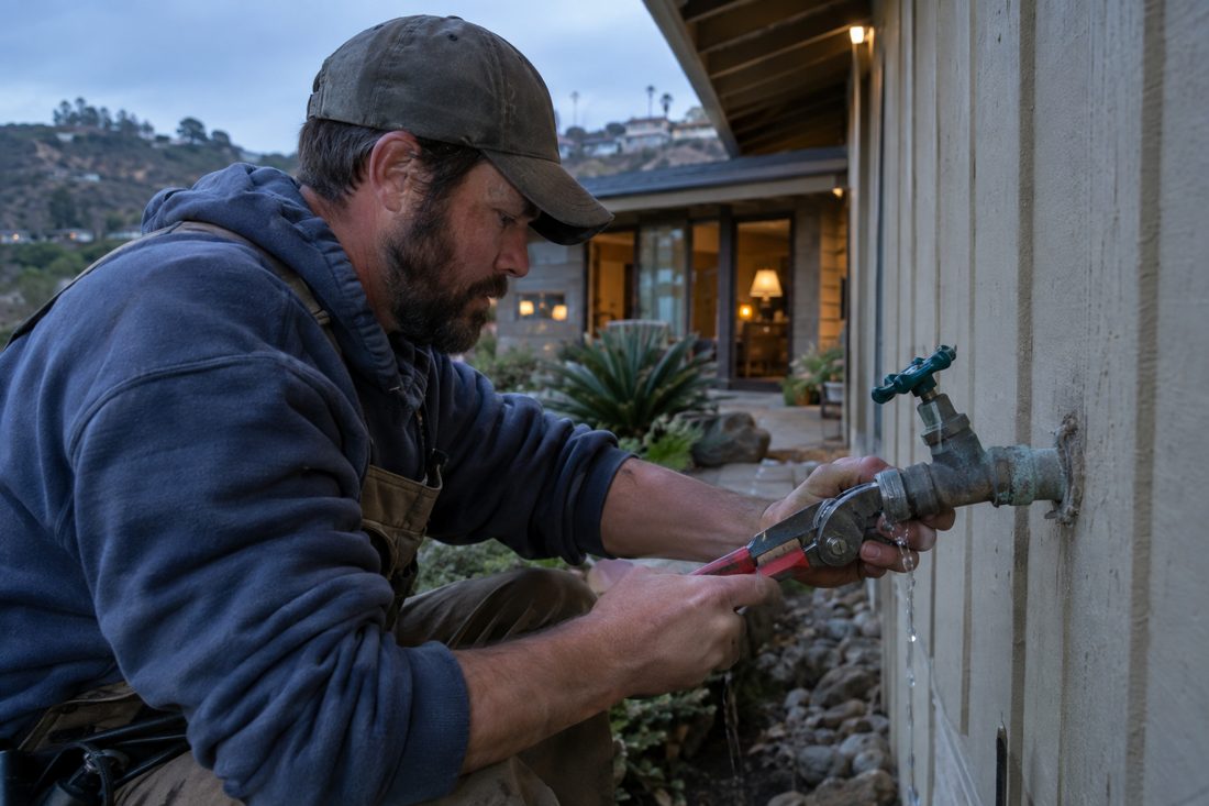 A plumber fixing a leaking outdoor hose bib at a hillside 1970s ranch home in Vista, inland San Diego County in Vista, CA