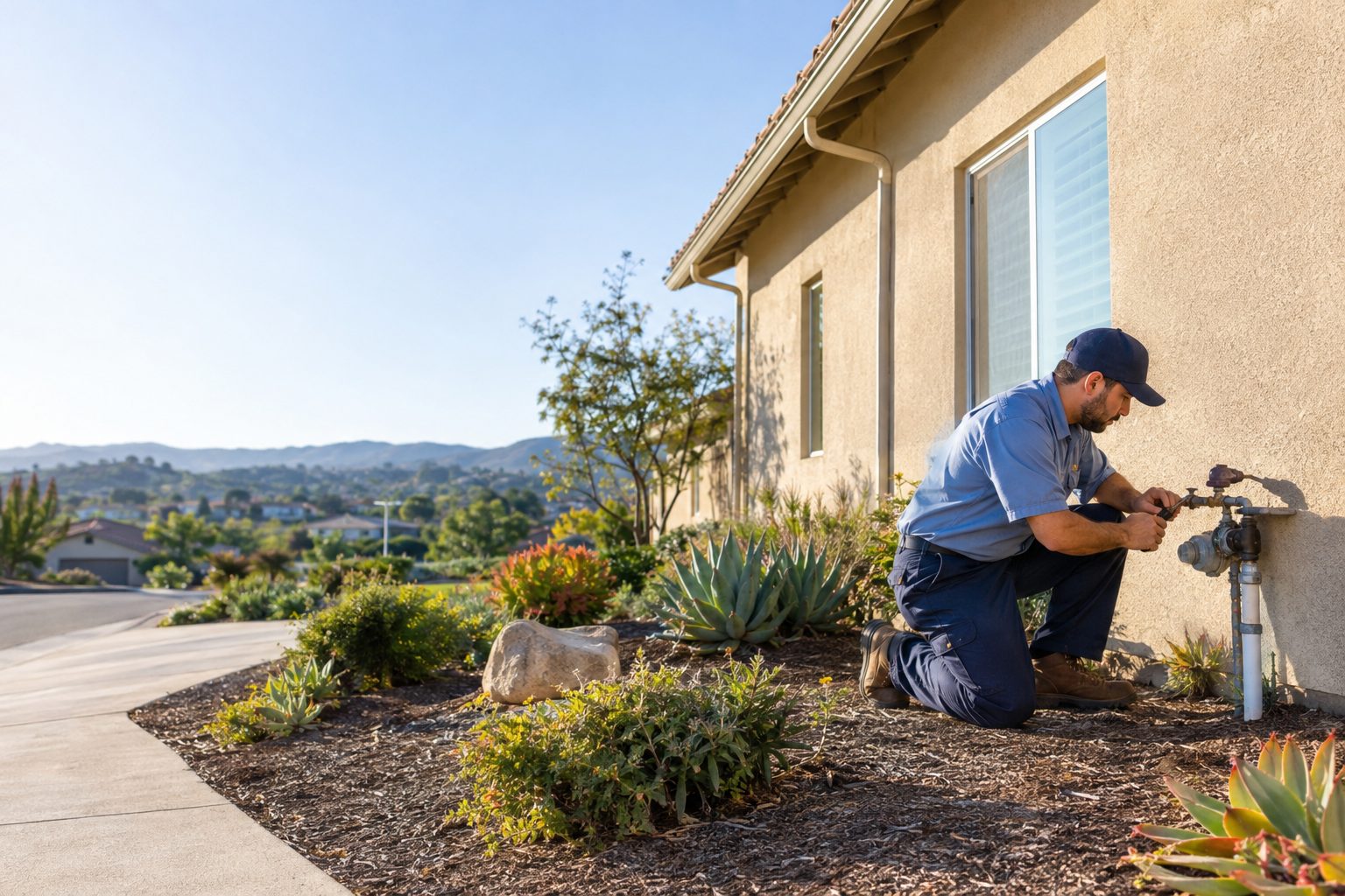 A licensed plumber checks an exterior water line beside a stucco ranch-style home in San Marcos on a clear, dry afternoon in San Marcos, CA