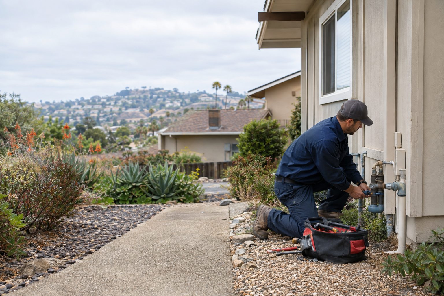 A plumber checks an outdoor water line beside a 1970s Shadowridge home, tools laid out neatly near the side yard in Shadowridge, CA