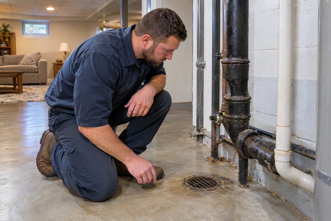 A close view of a plumber inspecting a basement floor drain and nearby pipework inside a midcentury brick ranch in Fairfield, OH