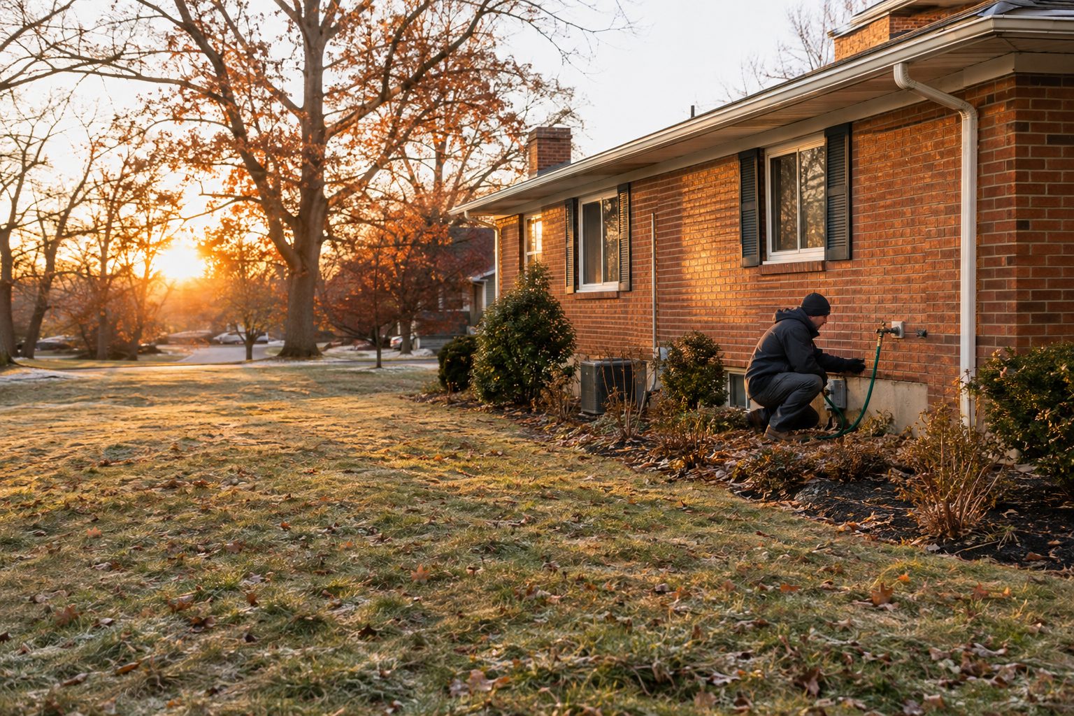 A plumbing technician checks an outdoor hose connection beside a midcentury brick ranch in Fairfield on a cold winter morning in Fairfield, OH