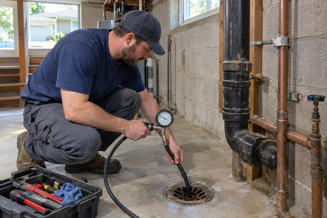 Close view of a plumber testing a basement drain at a Forest Park home, with tools and exposed pipework in frame in Forest Park, OH