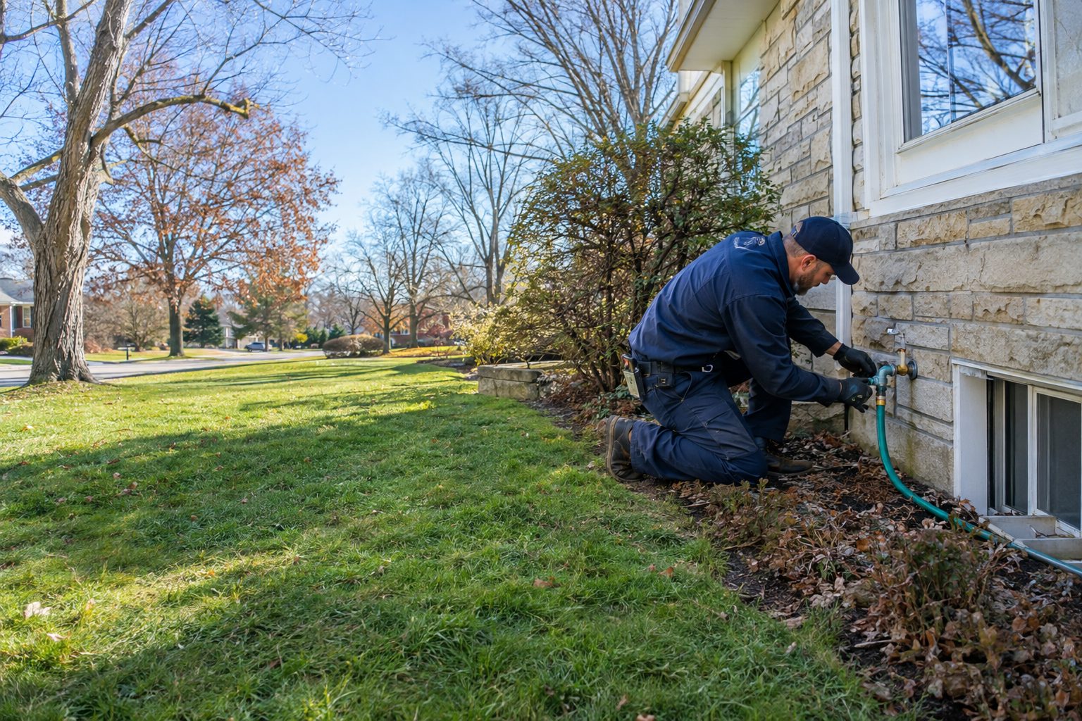 A licensed plumber checks an outdoor hose connection beside an older Greenhills home on a clear, cold-weather day in Greenhills, OH