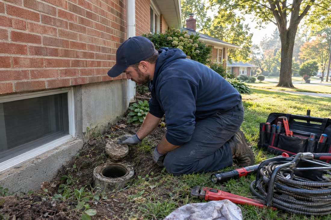 Close view of a plumber inspecting a basement drain cleanout in a Mount Airy home, with tools arranged nearby in Mount Airy, OH