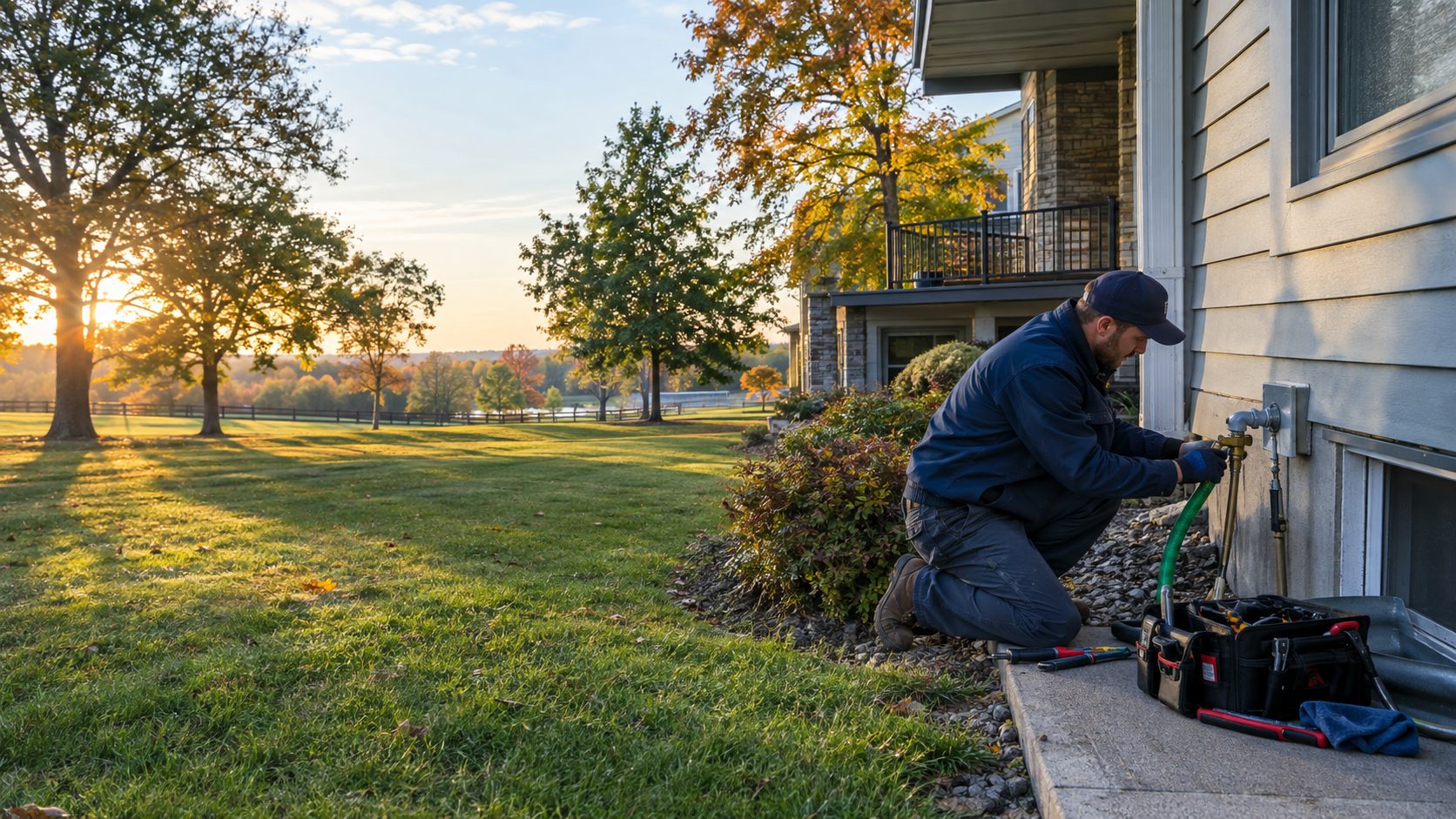 A licensed plumber checks an outdoor hose connection at a Springdale ranch, with tools arranged beside the home on a cool morning in Springdale, OH