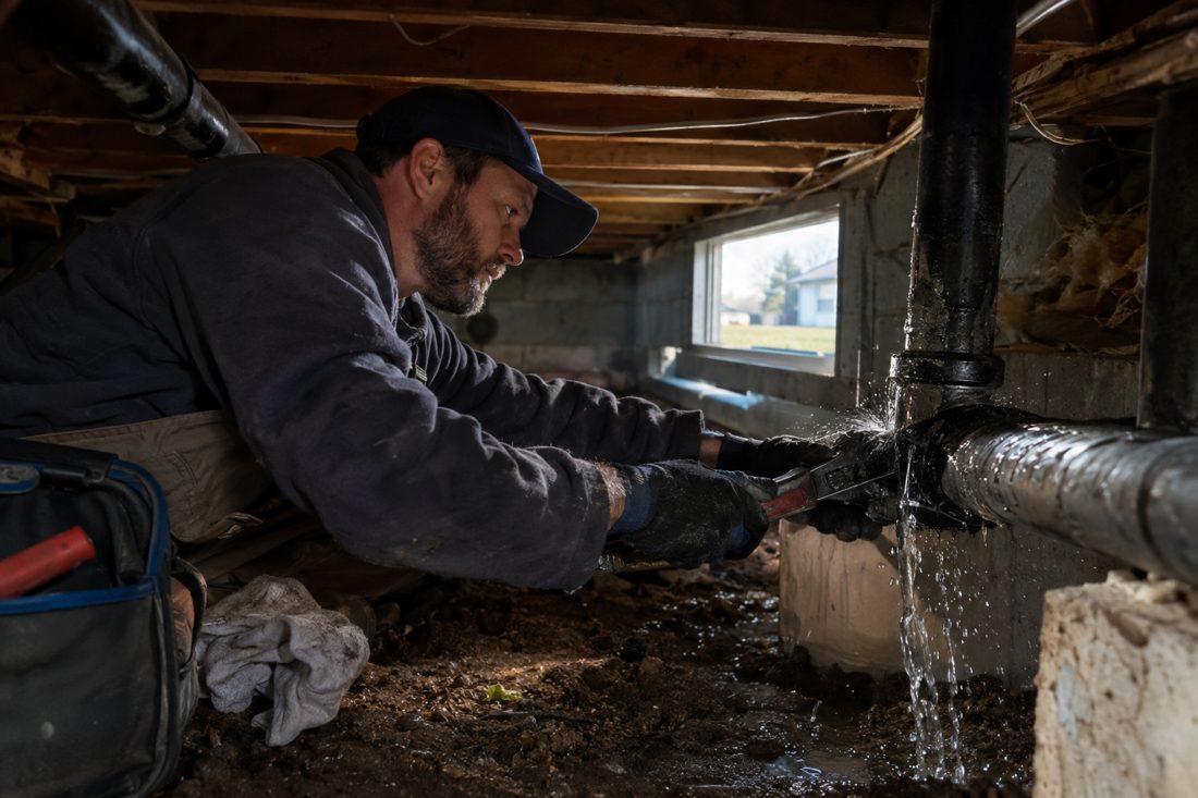 A plumber repairing a burst pipe in a crawlspace at a mid-century ranch house in the Kettering area of Dayton, Ohio in Dayton, OH