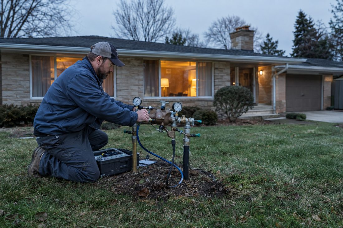 A backflow preventer being tested in a front yard at a mid-century ranch house in the Kettering area of Dayton, Ohio in Dayton, OH
