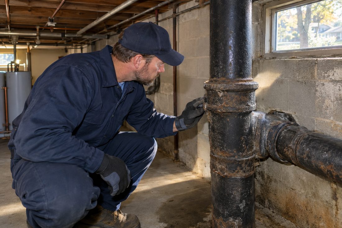 Close view of a plumber inspecting an older cast iron drain connection in the basement of a mid-century Belmont home in Belmont, OH