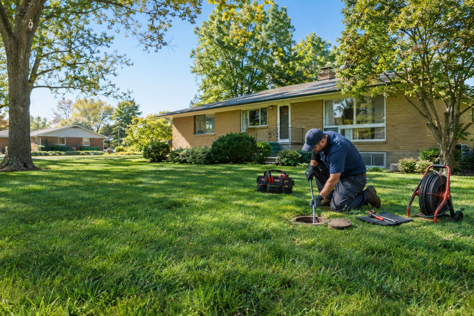 A licensed plumber checks an outdoor sewer cleanout beside a mid-century Belmont ranch, with tools arranged neatly on the lawn in Belmont, OH