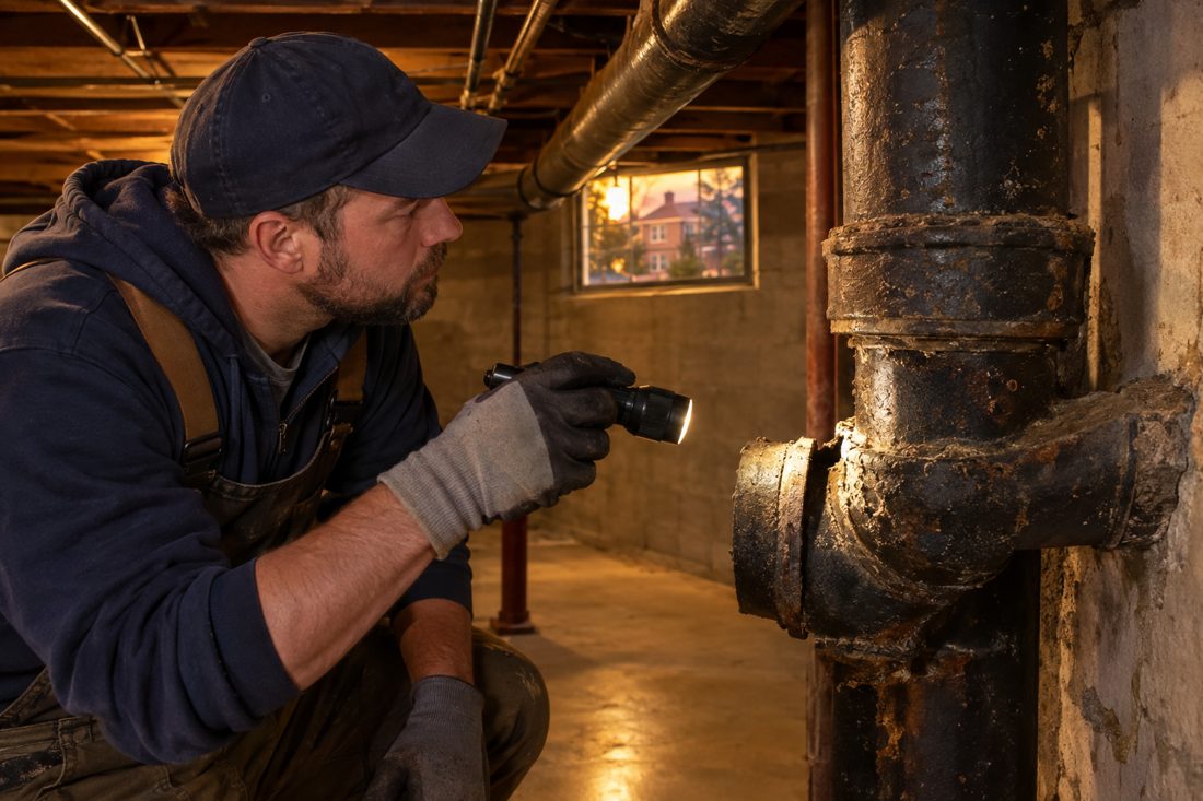 Close view of a plumber inspecting an older cast iron drain connection in the basement of a mid-century Dayton home in Patterson Park, OH