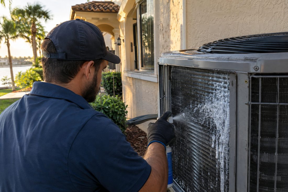 A technician cleaning condenser coils with a coil cleaner spray at a Spanish-style stucco home in West Palm Beach, FL