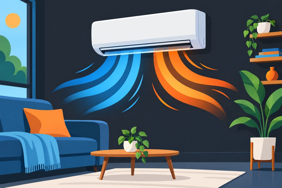 Illustration of a ductless mini split on a wall with airflow for a West Palm Beach, FL home
