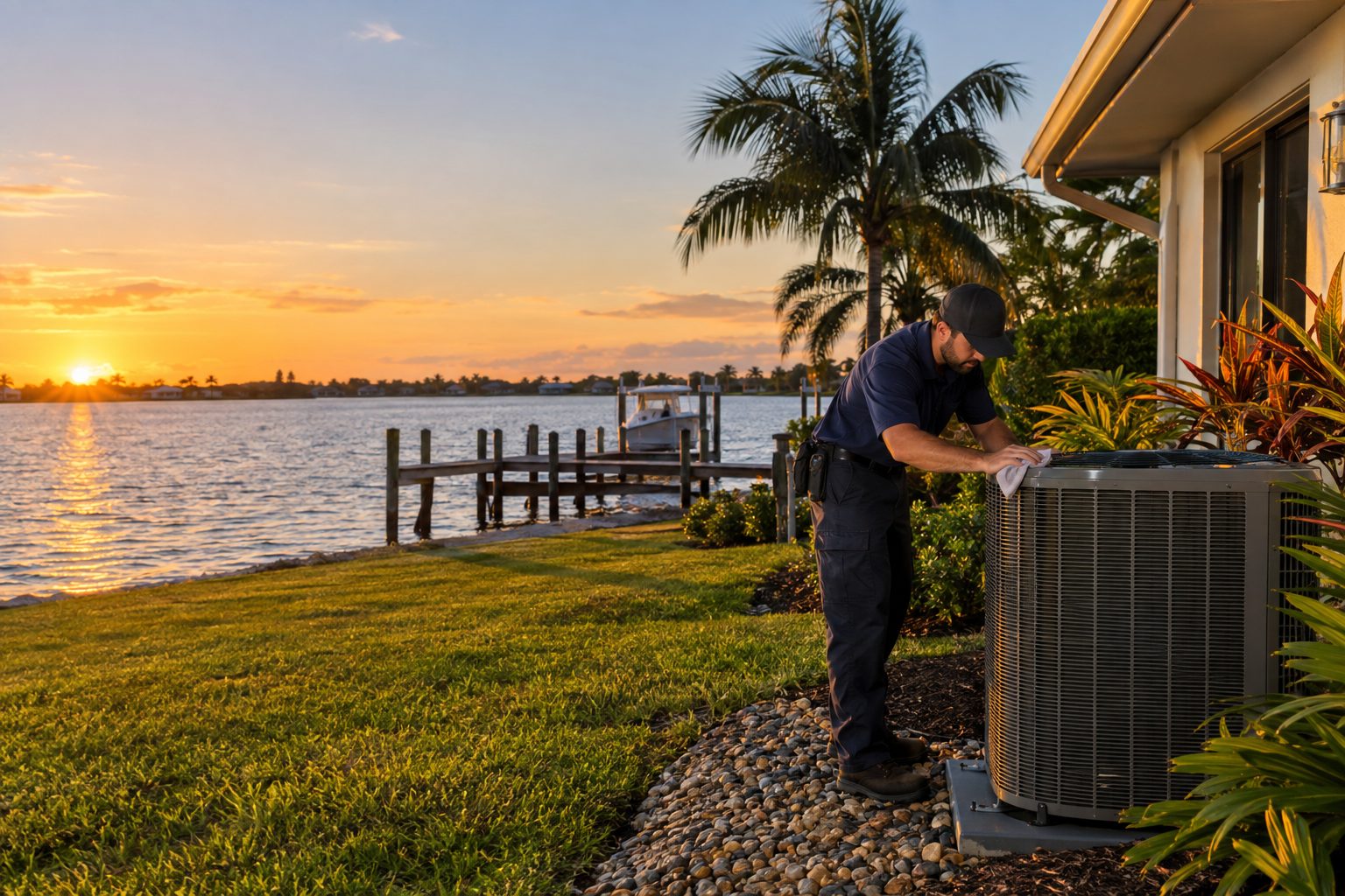 A tech wiping down a freshly installed condenser at dusk at a lakefront ranch home with a dock in Lake Clarke Shores, FL