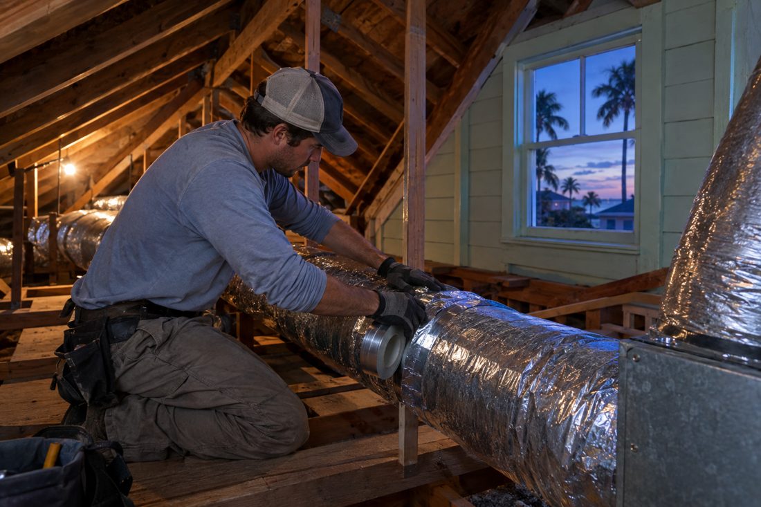 A technician sealing duct joints in a hot attic inside a pastel 1940s wood-frame cottage in Lake Worth Beach, FL