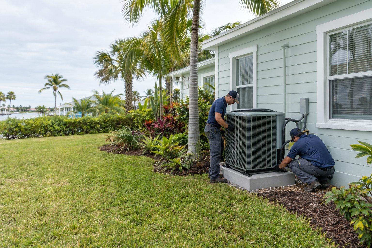 Two technicians setting a new heat pump on a raised pad at a pastel 1940s wood-frame cottage in Lake Worth Beach, FL