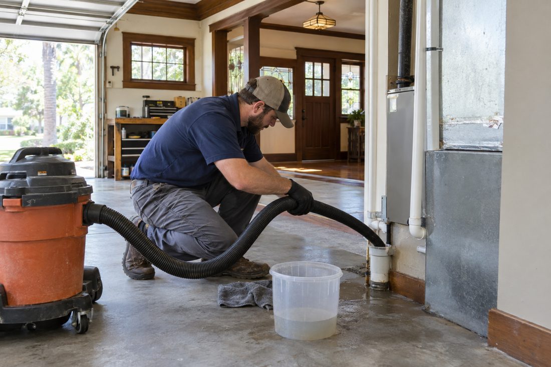 A technician clearing a condensate line with a wet vac in a garage inside a restored 1920s Mission-style bungalow in Northwood, FL