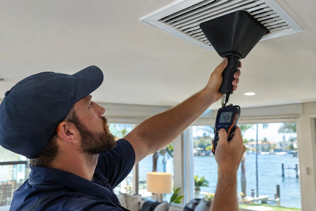 A technician measuring airflow at a ceiling supply vent at a waterfront ranch home in North Palm Beach, FL