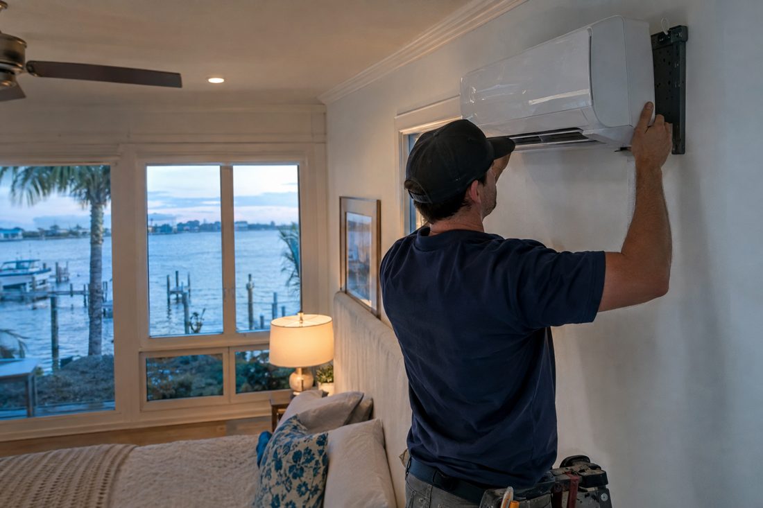 A mini-split indoor head being mounted high on a bedroom wall at a waterfront ranch home in North Palm Beach, FL