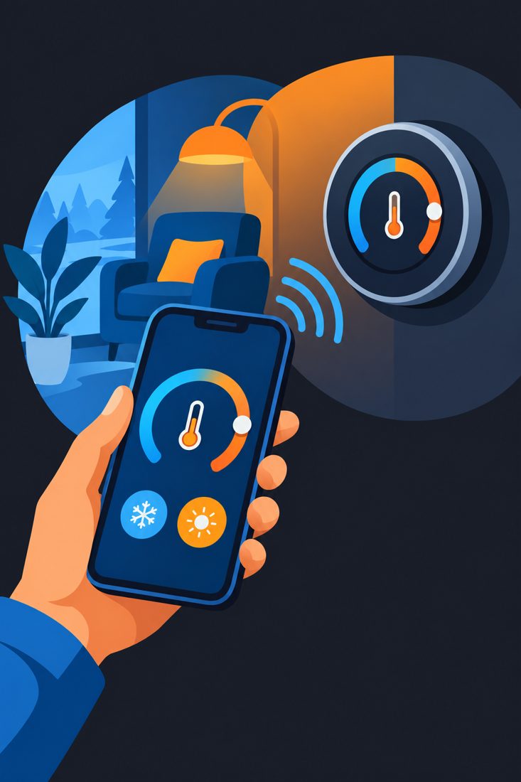 Illustration of a smart phone controlling a thermostat for a North Palm Beach, FL home