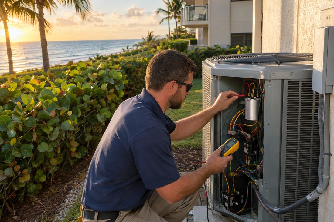A technician checking a capacitor inside the condenser panel inside a low-rise oceanfront condo with sea grape hedges in Juno Beach, FL